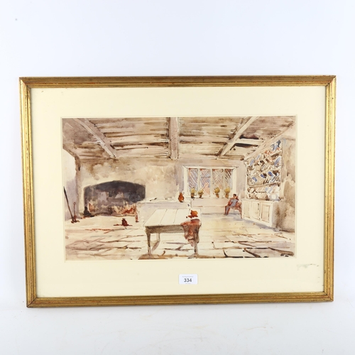 334 - 19th century British School, kitchen interior scene, watercolour, unsigned, 29cm x 47cm, framed