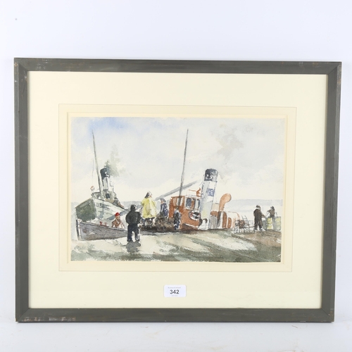 342 - 20th century British School, boats in harbour, watercolour, unsigned, 26cm x 36cm, framed