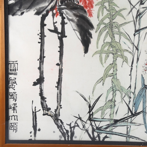 343 - Chinese ink/watercolour on paper, botanical study with text inscription, 80cm x 74cm, framed