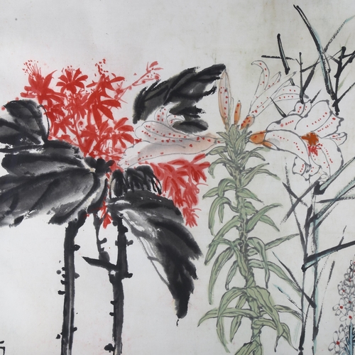 343 - Chinese ink/watercolour on paper, botanical study with text inscription, 80cm x 74cm, framed