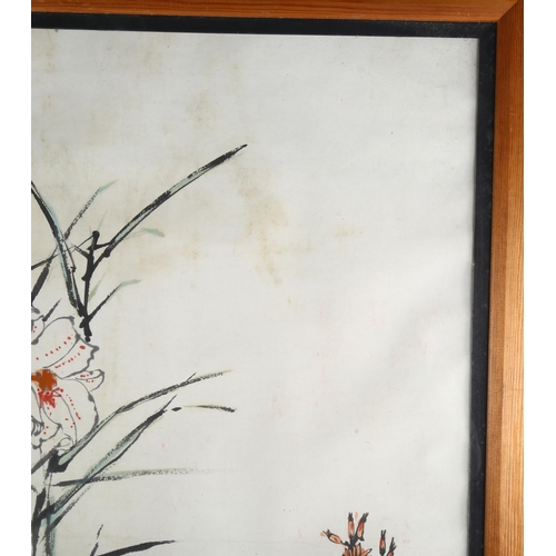 343 - Chinese ink/watercolour on paper, botanical study with text inscription, 80cm x 74cm, framed