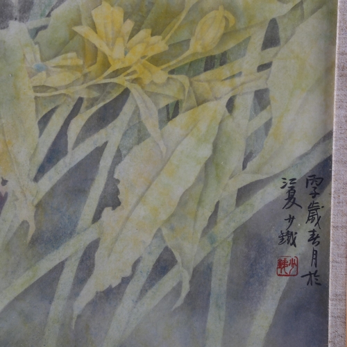 344 - Chinese School, watercolour, bird and foliage with text inscription, 55cm x 66cm, framed