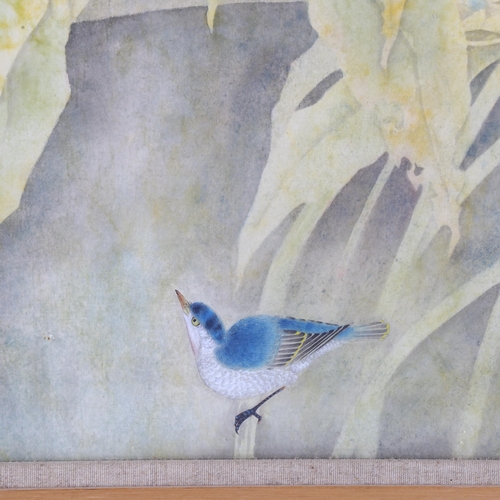 344 - Chinese School, watercolour, bird and foliage with text inscription, 55cm x 66cm, framed