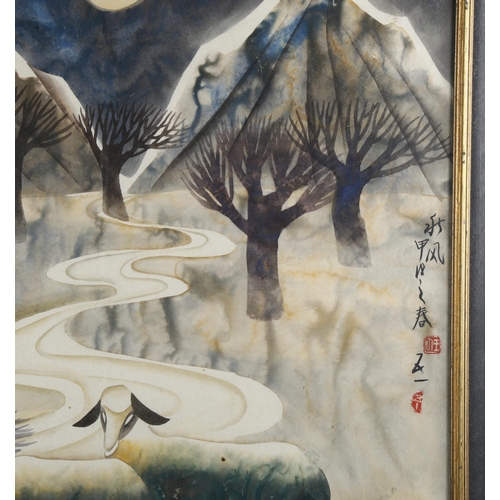 346 - Chinese School, watercolour, sheep by moonlight, signed with chop, 64cm x 64cm, framed