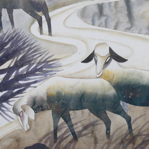 346 - Chinese School, watercolour, sheep by moonlight, signed with chop, 64cm x 64cm, framed