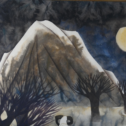 346 - Chinese School, watercolour, sheep by moonlight, signed with chop, 64cm x 64cm, framed