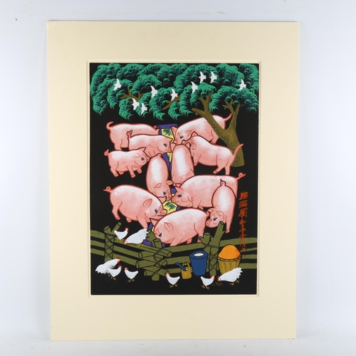 348 - Chinese School, farmyard scene, gouache on paper, text inscription, 53cm x 39cm, mounted