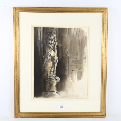 354 - Trevor Newton, heraldic lion statue, watercolour/ink, signed and dated '09, 37cm x 27cm, framed