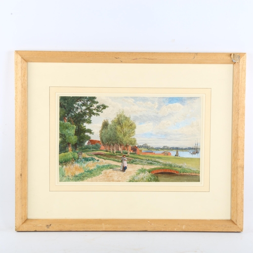 358 - 19th century English School, 2 watercolours, woman on a bridge, 39cm x 52cm, and 2 figures on a rive... 