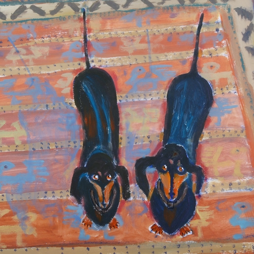 361 - Judy Dewsbery, Rosie and Gus on the carpet, acrylic on paper, signed and dated '06, 50cm x 39cm, fra... 