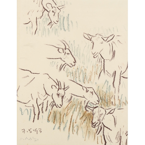 368 - Mary Audsley (1919 - 2008), goats, pastel and crayon, signed and dated 1993, 31cm x 24cm, framed