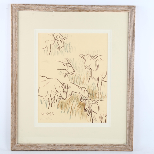 368 - Mary Audsley (1919 - 2008), goats, pastel and crayon, signed and dated 1993, 31cm x 24cm, framed