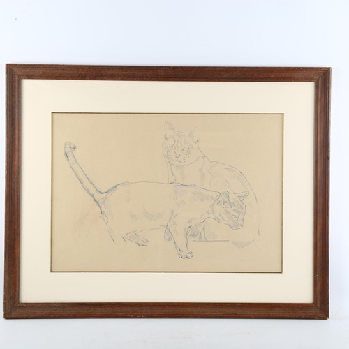 370 - Spencer Roberts (1920 - 1997), 2 cats, crayon on paper, 32cm x 47cm, framed