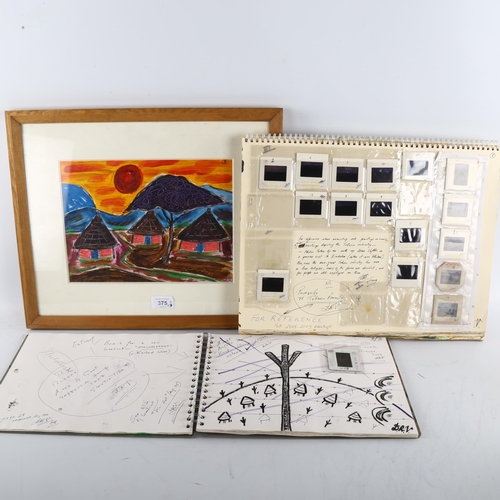 375 - Dietmar Vollmar, 2 artist's sketch albums circa 2008, and an acrylic African village scene, framed (... 