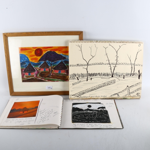 375 - Dietmar Vollmar, 2 artist's sketch albums circa 2008, and an acrylic African village scene, framed (... 