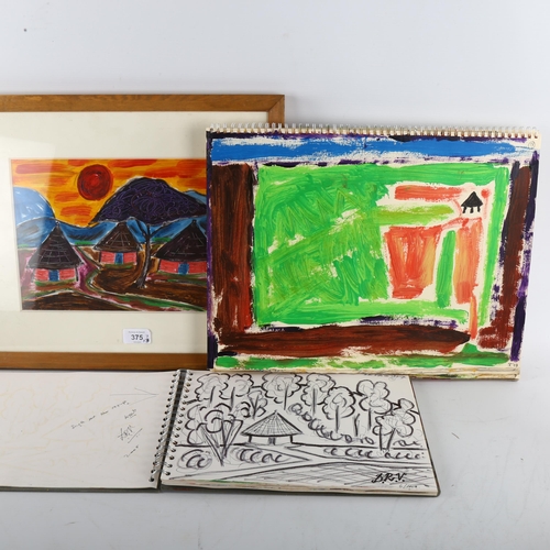 375 - Dietmar Vollmar, 2 artist's sketch albums circa 2008, and an acrylic African village scene, framed (... 