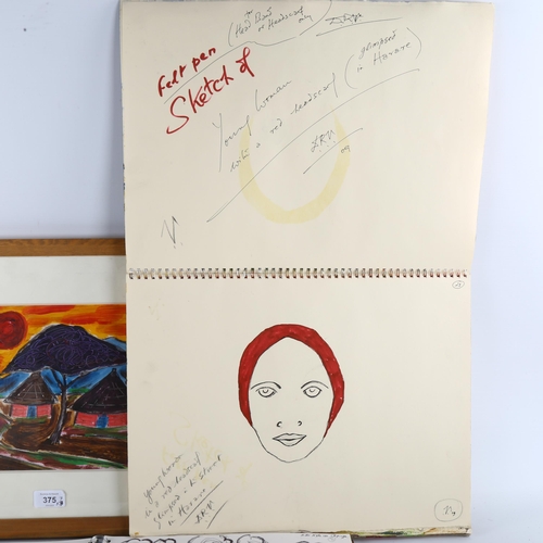 375 - Dietmar Vollmar, 2 artist's sketch albums circa 2008, and an acrylic African village scene, framed (... 