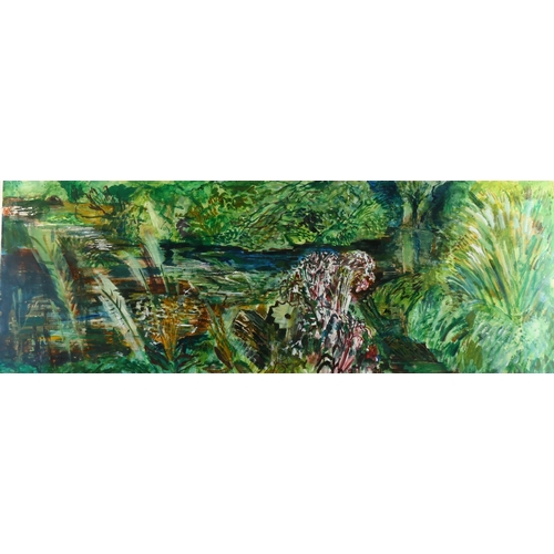 376 - Chris Chasey, on the Rother, pair of acrylics on paper, 35cm x 98cm, together with a coastal scene b... 