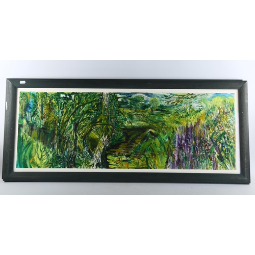 376 - Chris Chasey, on the Rother, pair of acrylics on paper, 35cm x 98cm, together with a coastal scene b... 