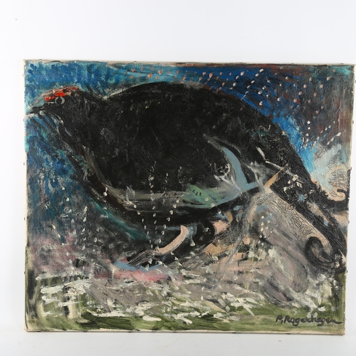 385 - P Rogenhagen, game bird, oil on canvas, signed, 50cm x 60cm, unframed