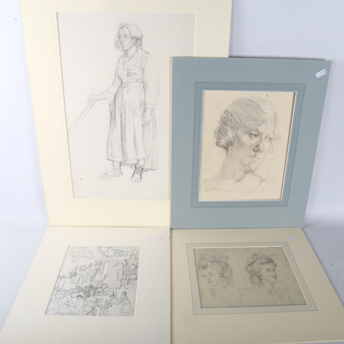 390 - 4 pencil and ink drawings, including works by John Ward RA, Harry Morley, and G H B Holland, mounted... 