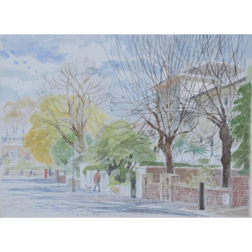 391 - Charlotte Halliday (born 1935), street scene, watercolour, 15cm x 20cm, mounted