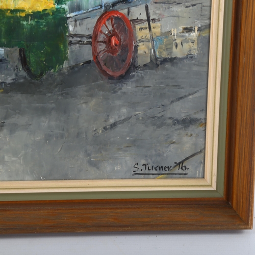 392 - S Turner, market barrow, oil on board, signed and dated 1976, 35cm x 24cm, framed