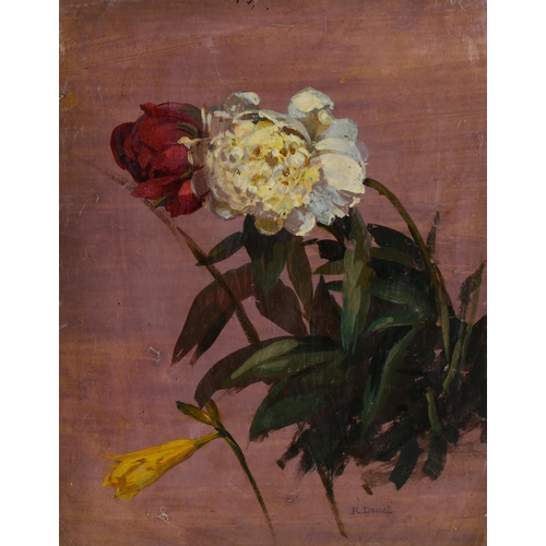 393 - R Denet, summer flowers, oil on paper, signed, 32cm x 25cm, mounted