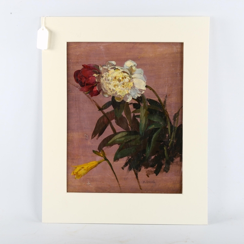 393 - R Denet, summer flowers, oil on paper, signed, 32cm x 25cm, mounted