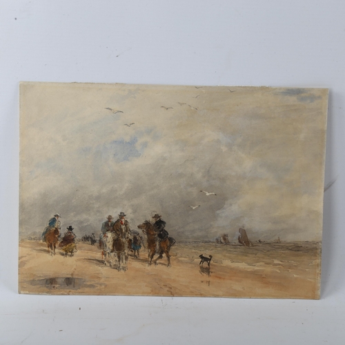 396 - 19th century English School, horses and riders on the beach, watercolour, unsigned, 20cm x 29cm, unf... 