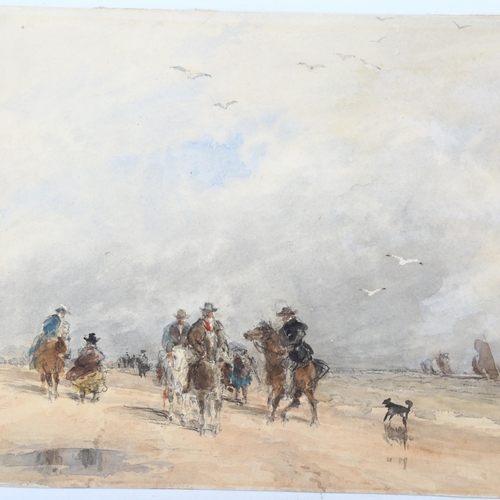 396 - 19th century English School, horses and riders on the beach, watercolour, unsigned, 20cm x 29cm, unf... 