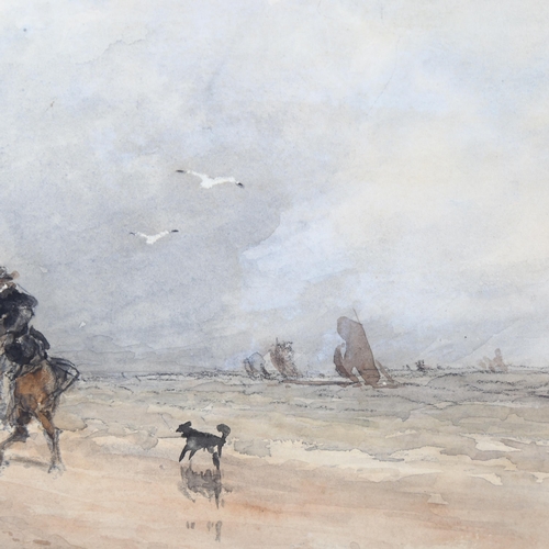 396 - 19th century English School, horses and riders on the beach, watercolour, unsigned, 20cm x 29cm, unf... 