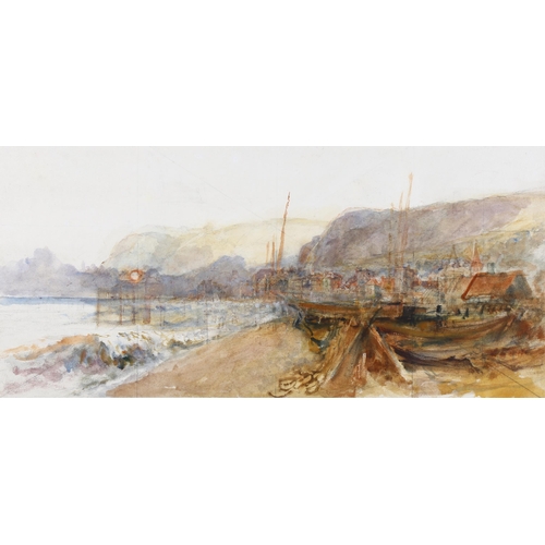 400 - 19th century English School, Hastings beach scene, watercolour, unsigned, 23cm x 47cm, mounted