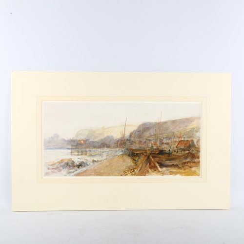 400 - 19th century English School, Hastings beach scene, watercolour, unsigned, 23cm x 47cm, mounted