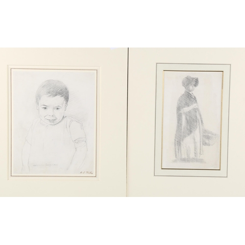 402 - John Varley OWS (1778 - 1842), 2 pencil drawings, girl with a basket, 21cm x 12cm, and portrait of M... 