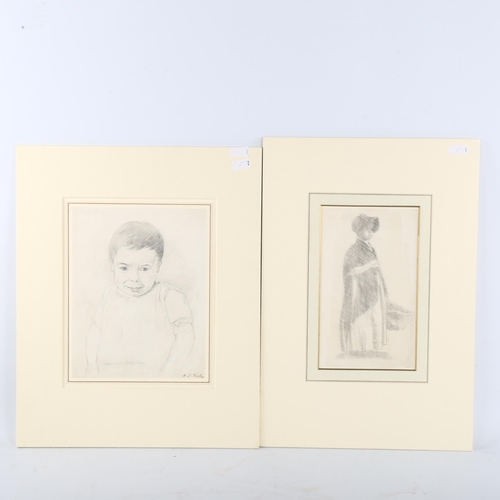 402 - John Varley OWS (1778 - 1842), 2 pencil drawings, girl with a basket, 21cm x 12cm, and portrait of M... 