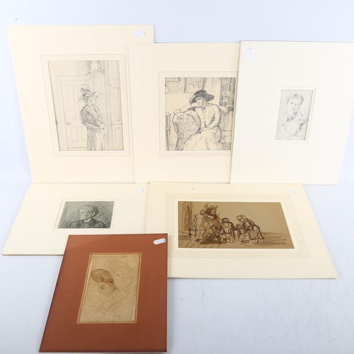 403 - Hilda Drayton (born 1911), 2 pencil drawings, woman in a doorway, 22cm x 16cm, together with 4 other... 