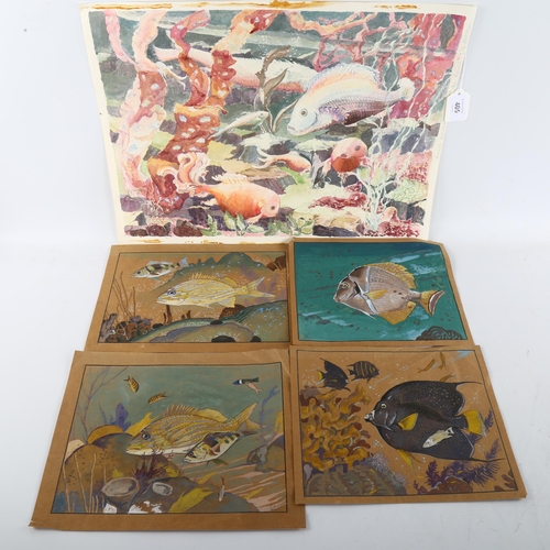 405 - 3 watercolours, studies of tropical fish, circa 1930s, indistinctly signed, image 17cm x 25cm, toget... 