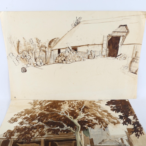 411 - Muriel Minter (1897 - 1983), farmyard scenes, monochrome watercolour, 37cm x 55cm, unframed