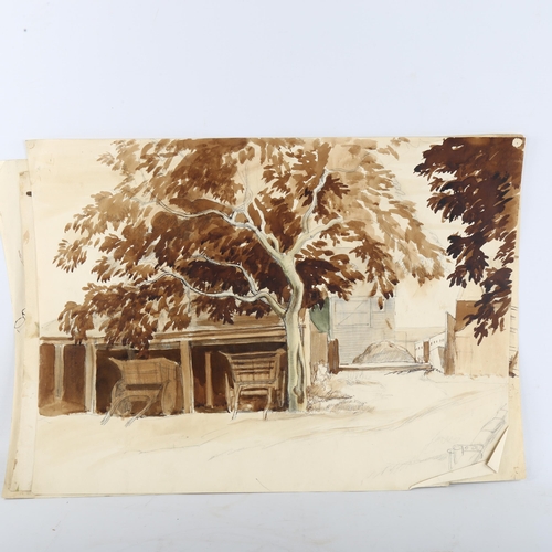 411 - Muriel Minter (1897 - 1983), farmyard scenes, monochrome watercolour, 37cm x 55cm, unframed