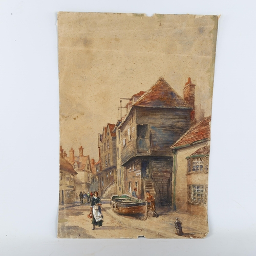 413 - 19th century English School, double-sided fishing harbour scenes, watercolour, unsigned, 45cm x 30cm... 