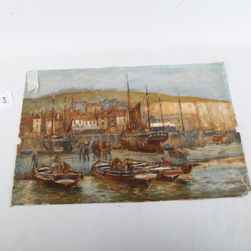 413 - 19th century English School, double-sided fishing harbour scenes, watercolour, unsigned, 45cm x 30cm... 