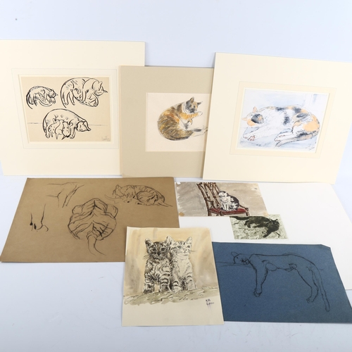 416 - Cats, a group of 8 watercolours, ink sketches and drawings, including works by Audrey Lanceman and A... 