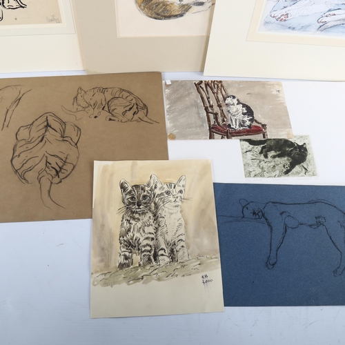 416 - Cats, a group of 8 watercolours, ink sketches and drawings, including works by Audrey Lanceman and A... 