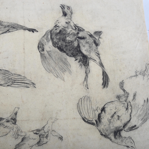 417 - A sheet of 19th/20th century charcoal/pencil sketches of game birds, unsigned, 37cm x 52cm, unframed