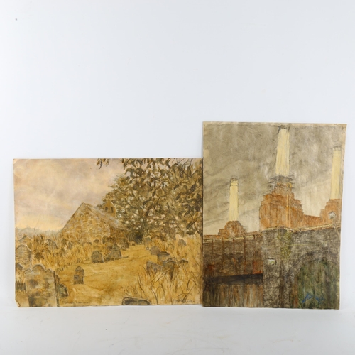 420 - Jean Howell, Battersea Power Station, 36cm x 27cm, and a farmyard scene by the same hand, unframed (... 