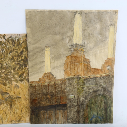 420 - Jean Howell, Battersea Power Station, 36cm x 27cm, and a farmyard scene by the same hand, unframed (... 