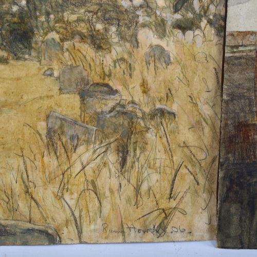 420 - Jean Howell, Battersea Power Station, 36cm x 27cm, and a farmyard scene by the same hand, unframed (... 