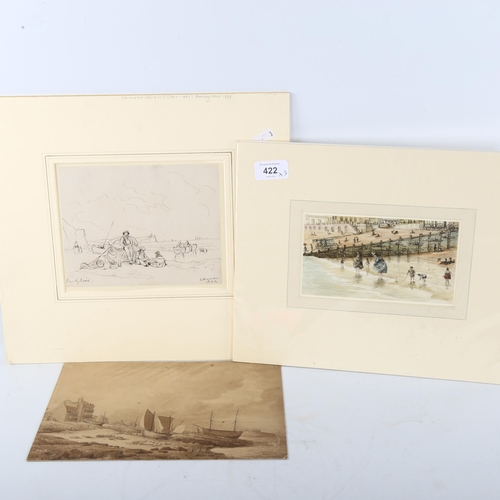 422 - 3 x 19th century watercolours, beach scenes at Brighton, Eastbourne, and Beachy Head (Edward Duncan)... 