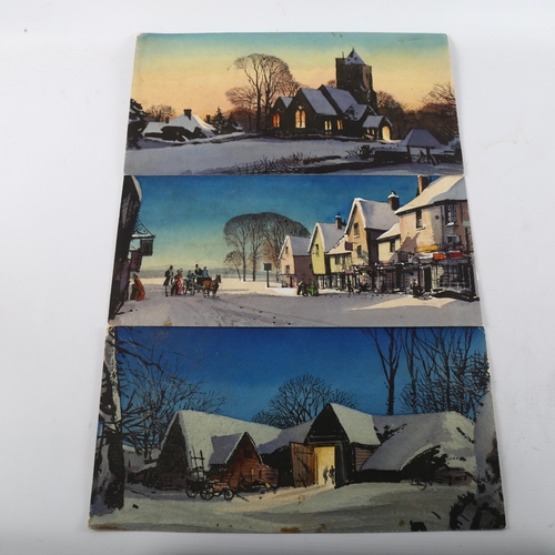 423 - Mid-20th century English School, 3 snow-covered village scenes, watercolour, unsigned, 18cm x 35cm, ... 